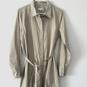 Calvin Klein Women's Belted Shirt Dress Logo Collar Beige Size Large